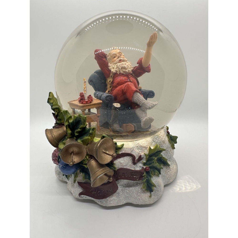 Large Musical‎ Santa Snow Globe Happy Holidays Bells Holly Christmas Decor 7"